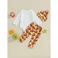 thumbnail image 4 of Bslissey Baby Girls Boys 3Pcs Thanksgiving Outfits Long Sleeve Letter Print Romper + Cake/Pumpkin Print Pants + Hat 3M 6M 12M 18M Newborn Infant Casual Cute Clothes, 4 of 8