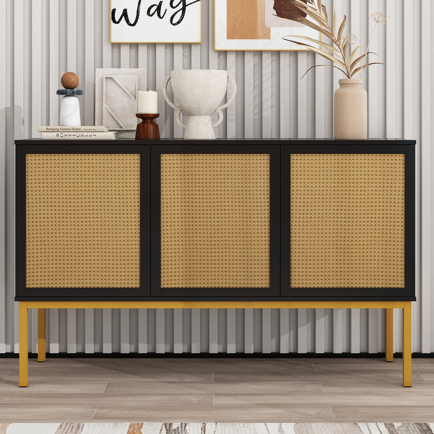 Kadyn 54" Sideboard Buffet Cabinet, Sideboard Storage Cabinet with Artificial Rattan Door and Rebound Device for Entryway, Black Kadyn 54" Sideboard Buffet Cabinet, Sideboard Storage Cabinet with Artificial Rattan Door and Rebound Device for Entryway, Black