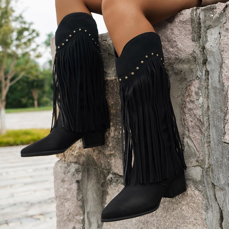 Glam Suede Fringe Boots | Black Thigh-high With Rhinestone  Black Suede Knee-High Boots with fringe display picture 1