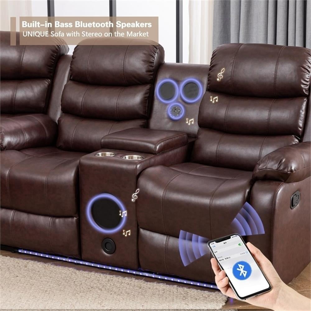 Pemberley Row Vegan Leather Brown Reclining Sectional Rectangular USB Power Sound System Unassembled