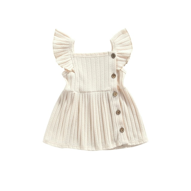 Fortune Robe Côtelée pour Bébés Filles Couleur Unie Manches Volantes Volants Robe Trapèze