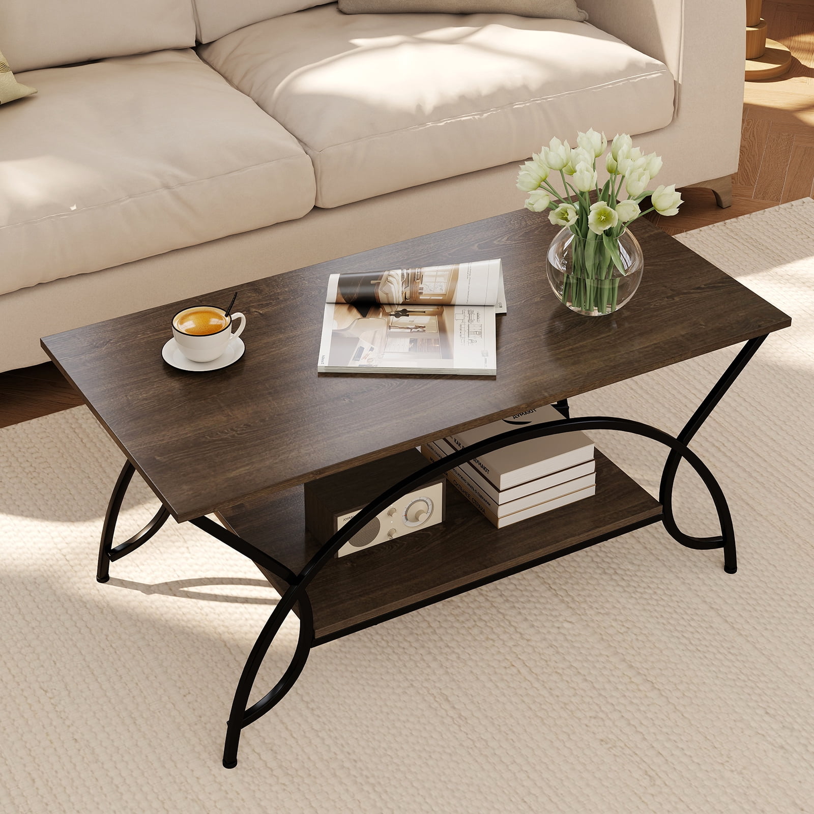 Costway 2-Tier Industrial Coffee Table Rectangular Cocktail Table with Storage Shelf Gray Oak