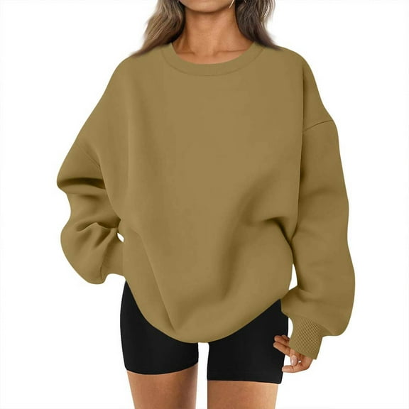 Oversized Crewneck Sweatshirt Women Fall Cute Fleece Pullover Sweatshirts No Hood Plain Y2k Hoodie with Pockets 2025 Light Brown 3XL