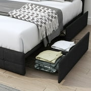 Homfa Queen Size 4 Storage Drawers Bed Frame, Square Tufted Upholstered Platform Bed with Adjustable Headboard, Black