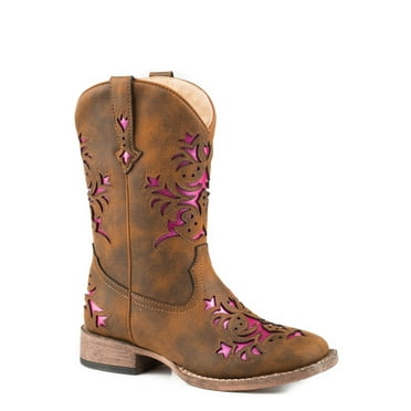 Roper Girls' Lola Metallic Underlay Western Boot Square Toe Brown 12  US