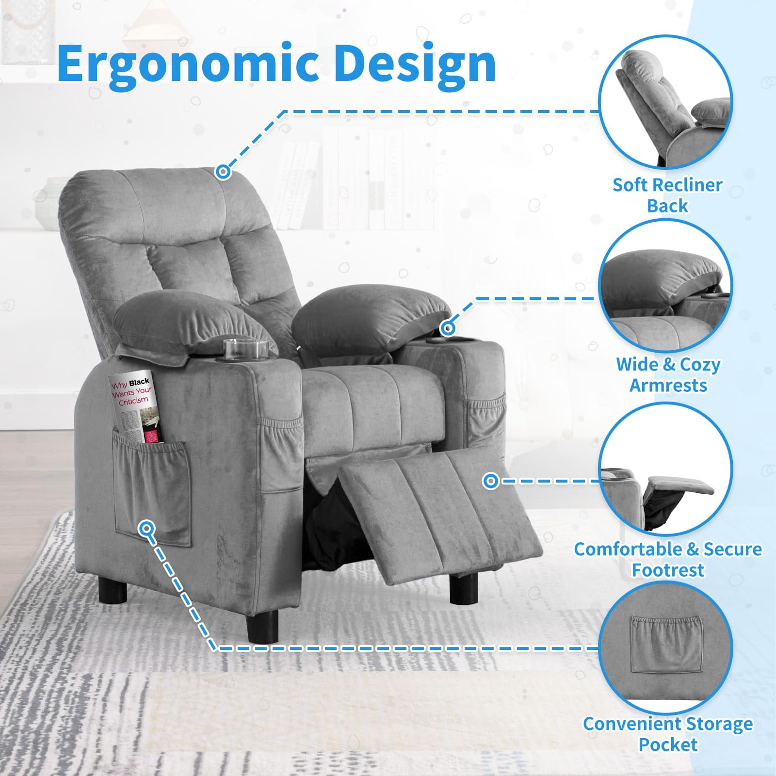 Linor Kids Recliner Chair, Modern Velvet Lounge with Cup Holder, Footrest, Side Pockets, Gray