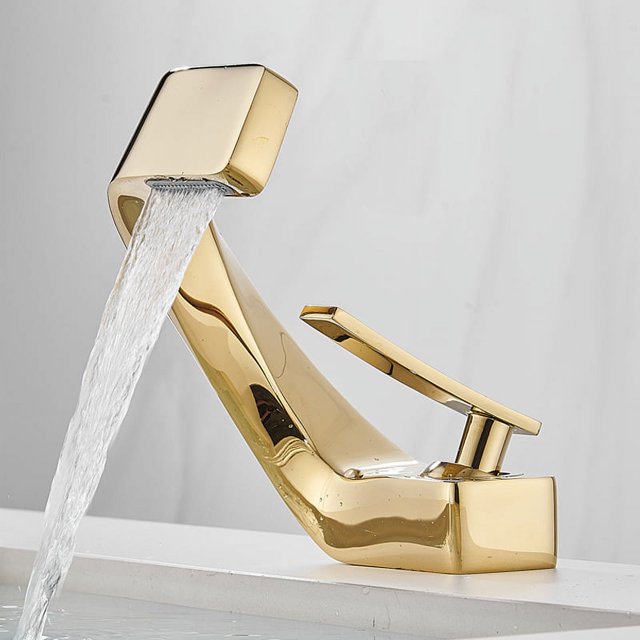 (Oro) Grifo de lavabo de baño de un solo orificio, Grifo monomando de agua fría y caliente de un solo mango, Grifo de lavabo de tocador de lavabo