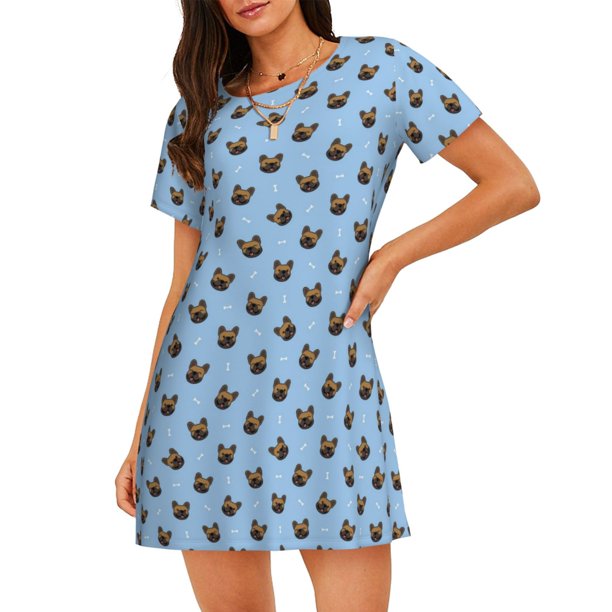 Easygdp french Bulldog Face Camisón de manga corta para mujer, informal, estampado