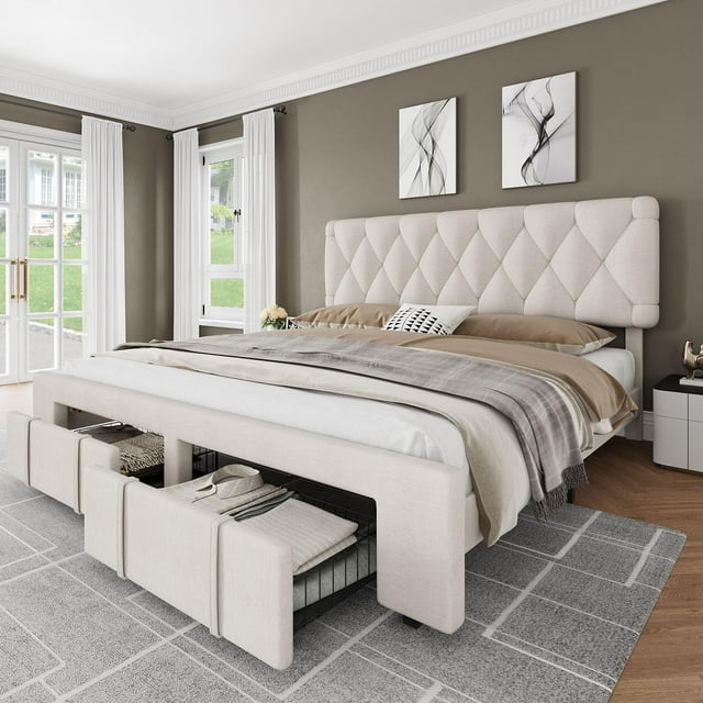 Yiwa Upholstered Queen Platform Bed Frame with Drawers, Storage Mattress Foundation, Solid Wood Slats, No Box Spring Required