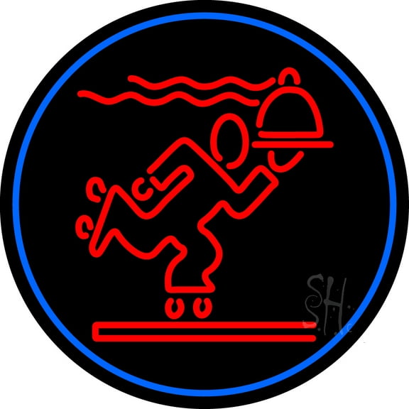 We Deliver Man Oval With Blue Border LED Neon Sign 18 x 18 - inches, Clear Edge Cut Acrylic Backing, with Dimmer - Bright and Premium built indoor LED Neon Sign for restaurant decor.