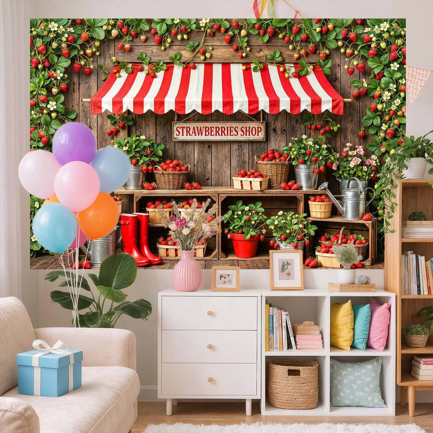 Strawberry Shop Photography Backdrop, Rustic Wooden Farm Stand Red Berry Floral Background for Kids Birthday Party Baby Shower Photo Booth Decorations Banner, 8x6ft