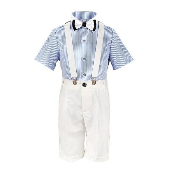 Zwiiyzr 2025 Tenue de Cérémonie pour Tout-Petits Garçons Costume d'Écolier Tenue Uniforme Vêtements pour Bébé Salopette de Couleur Unie Mode Bébé Chemise à Manches Courtes avec Cravate Bleu Clair