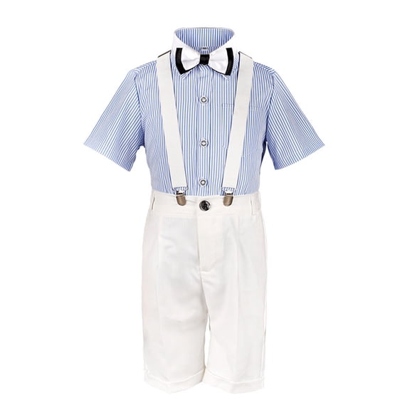 IROINNID School Uniform Toddler Boys Short Sleeve Blouse Tie Solid Color Overalls Gentleman's School Uniform Suit ,Blue