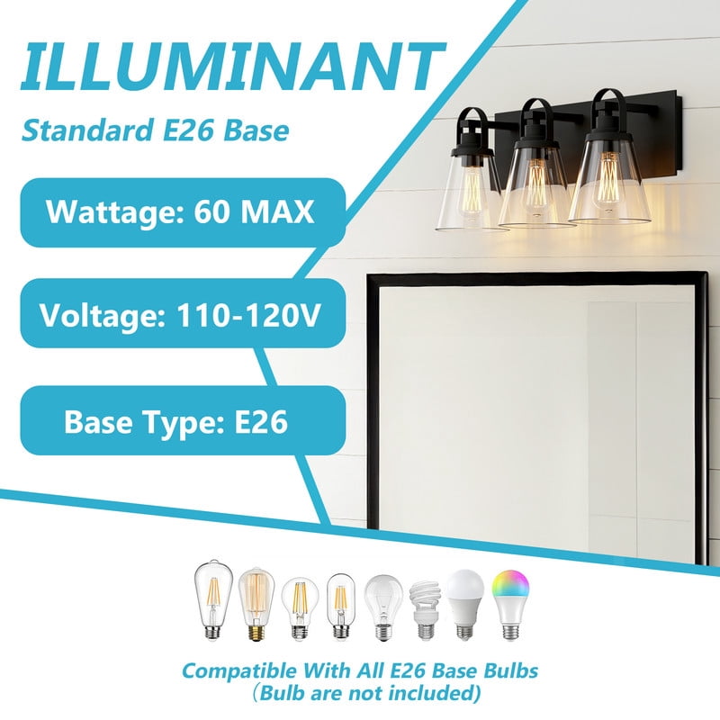 HKMGT 3-Light Modern Vanity Light Loop Top Design Black Metal Bathroom Light Fixture for Vanity