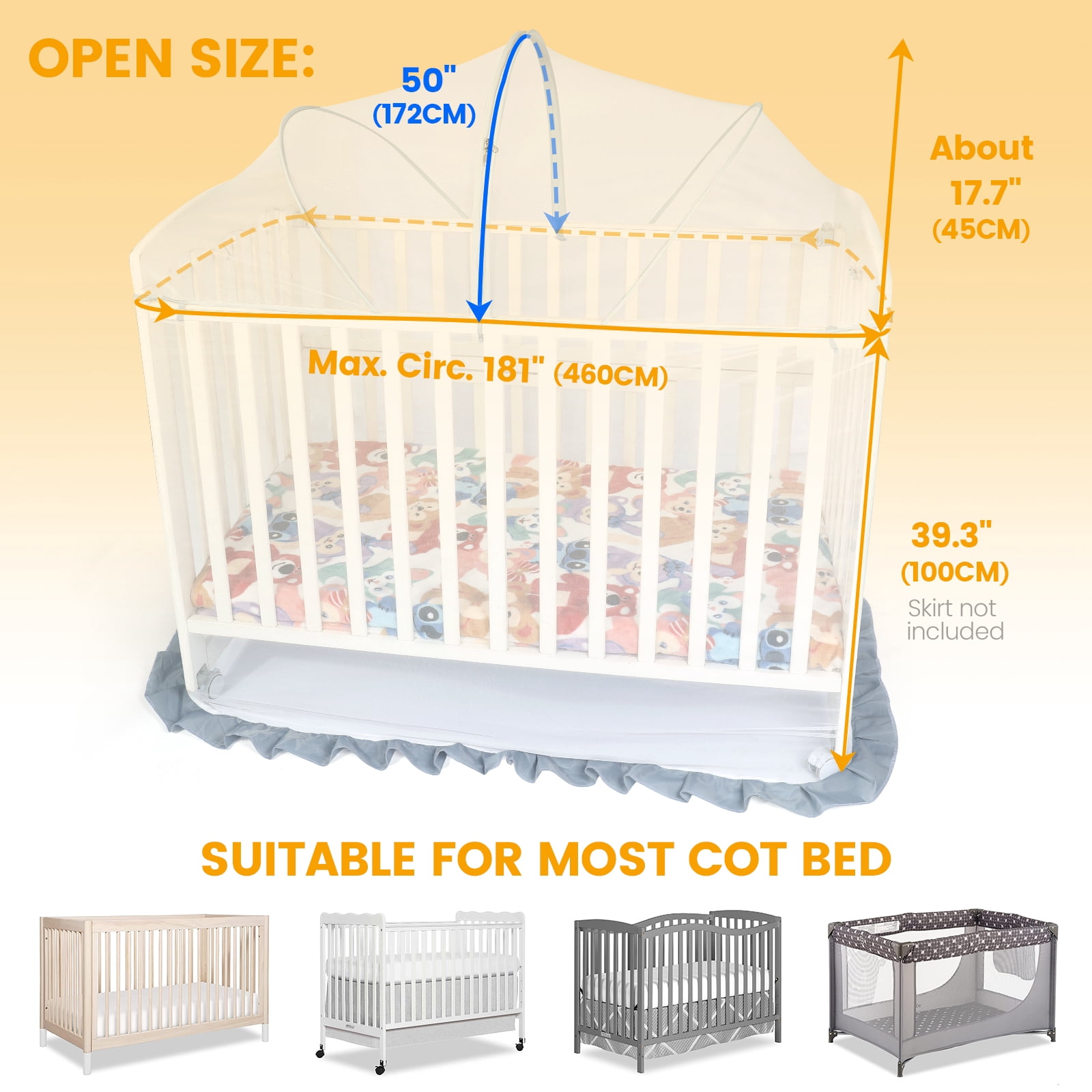 Orzbow Mosquito Net for Crib, Encrypted Baby Toddler Crib Tent Full Cover Safety Net, with Two-Way Zippers, Durable, Strong, Keep Baby Infant from Climbing Out, Falls and Mosquito Bites, White