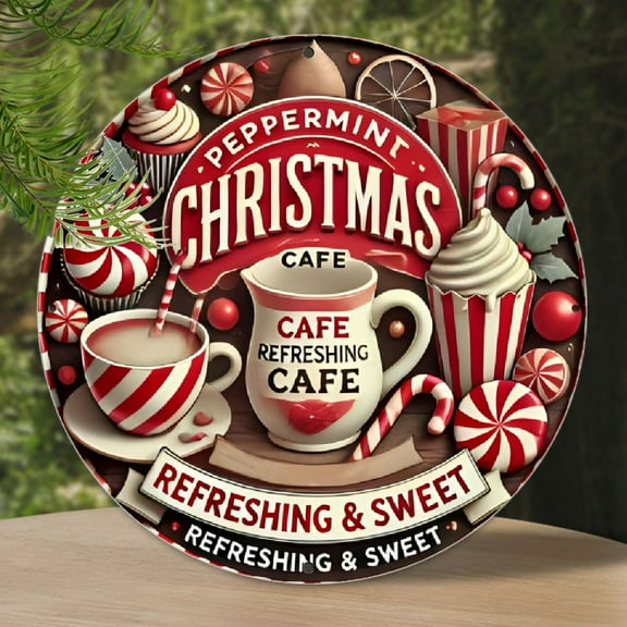 Peppermint Christmas Cafe Aluminum Sign - 1 Piece, 8x8 Inch Round Metal Wall Art for Holiday Decor, Ideal for Home, Office, Coffee Shop, Bar, or Garage