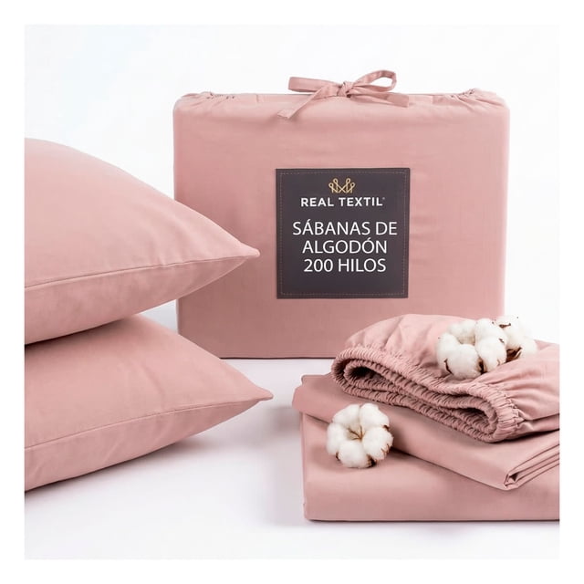 Juego De Sábanas King Size Algodón 200 Hilos Real Textil Frescas y Transpirables Oeko-tex, Rosa