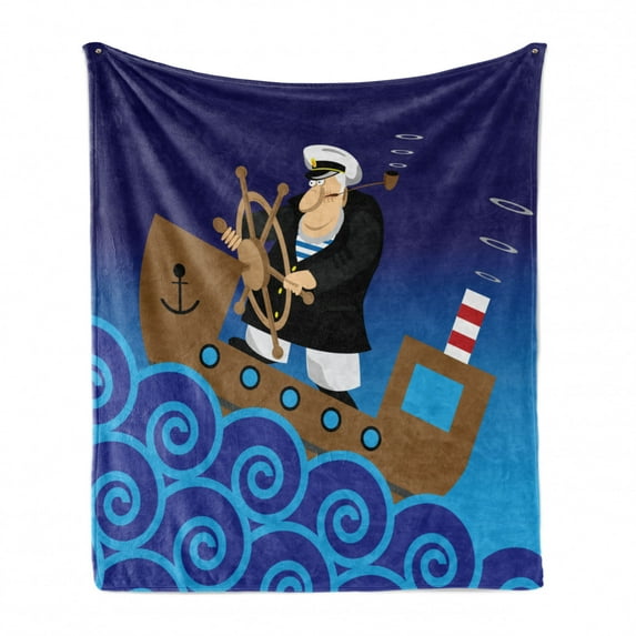 Nautical Soft Flannel Fleece Blanket, Captain on Ship with Wavy Ocean Cartoon Style Illustration Marine Adventure Design, Cozy Plush for Indoor and Outdoor Use, 70" x 90", Multicolor, by Ambesonne