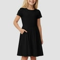 thumbnail image 2 of Wxirdiow Toddler Girl Dresses Girls' Short Sleeve Crew Neck Dress Bow Detail Puff Sleeve Textured Fabric Summer Casual Pocket Detail Easy Care Black Size,11-12 Years, 2 of 9
