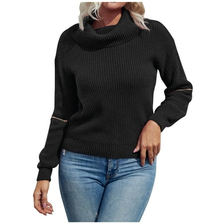 aoksee Black Friday Deals 2022 Sweaters For Women， Women Casual Fashion Soild Pullover Long Sleeve Round-Neck Sweater