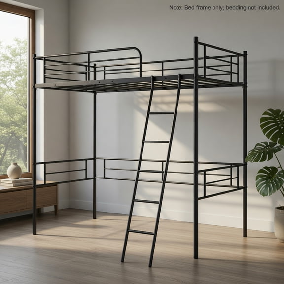 Demi Bonn Loft Bed Twin Size with Ladder Teens Adults Heavy Duty Metal Single Bunk Bed Loft with Safety Guard Rails for Small Space, Black