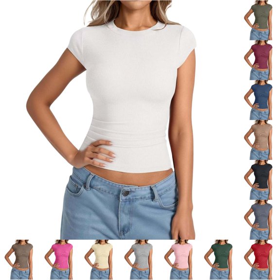 Gunia Womens Cap Sleeve T-Shirts Ribbed Knit T Shirt Short Sleeve Crew Neck Slim Fit Basic Top Soft Stretch Casual Tee Shirt T-Shirts For Women White L