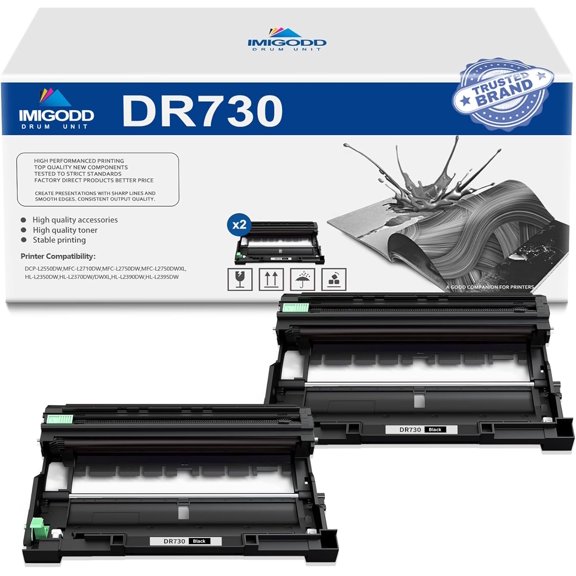2-Pack DR730 Black Drum Unit Replacement for Brother High Capacity 13,000 Pages with DCP-L2550DW MFC-L2710DW L2750DW L2750DWXL HL-L2350DW L2370DW/DWXL L2390DW L2395DW Printer