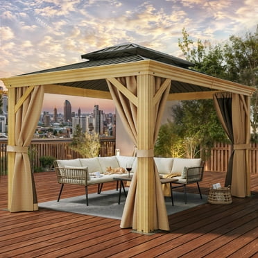 Wooflex 10' x 12' Aluminum Frame with Double Roof Hardtop Gazebo, Netting and Curtains in Brown