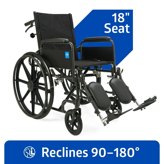 Medline 18" Reclining Wheelchair with Full-Length Armrests and Elevating Legrests, Reclines 90-180 Degrees, 300 lb Weight Capacity
