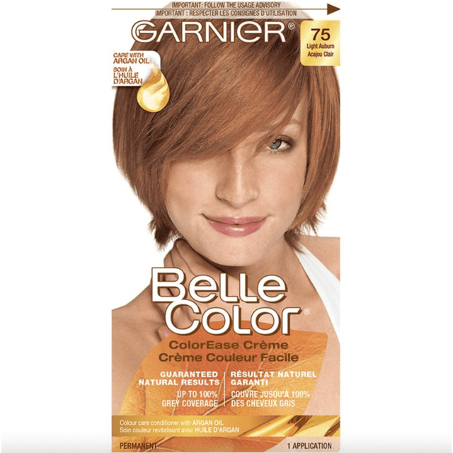 Garnier Belle Color Permanent Hair Dye, 75 Light Auburn, 100% Grey Coverage, Enriched with Argan Oil and Wheat Germ Oils - 1 Application