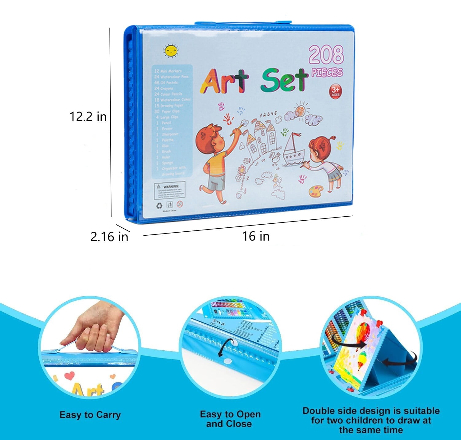 Art Supplies, 208 Pack Art Sets Crafts Drawing Coloring kit, Double-Side Trifold Easel, Oil Pastels, Crayons, Colored Pencils, Creative Gift for Beginners Artists Girls Boys Kids (Blue)