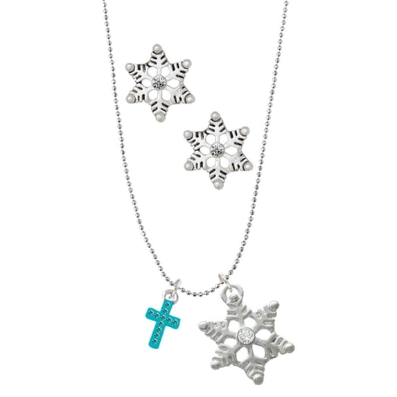Delight Jewelry Silvertone Small Teal Crystal Cross Silver tone Snowflake Charm Necklace and Stud Earrings