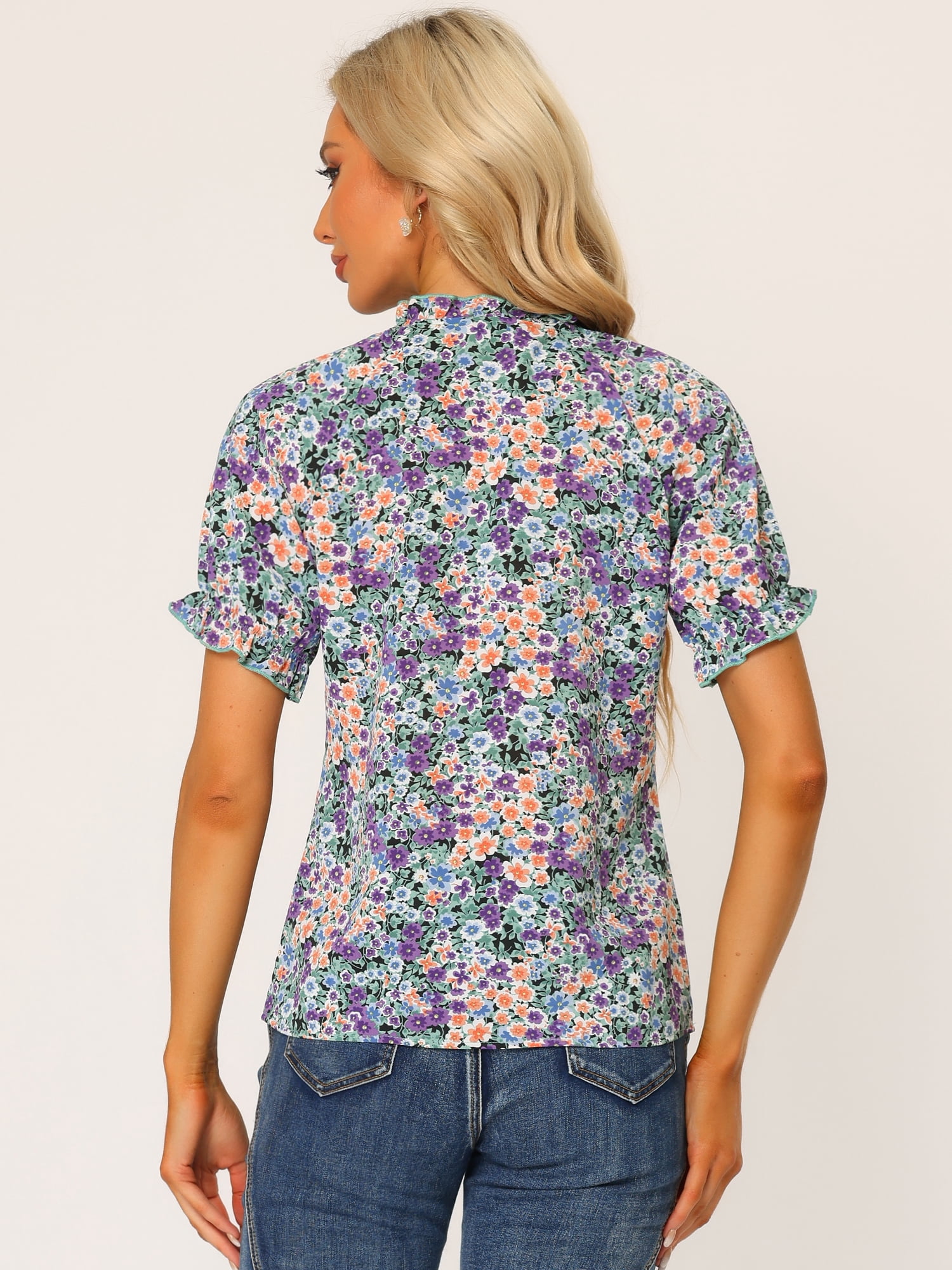 DARING DIVA Women's Floral Ruffled Neck Short Sleeves Top Blouse L Black Purple