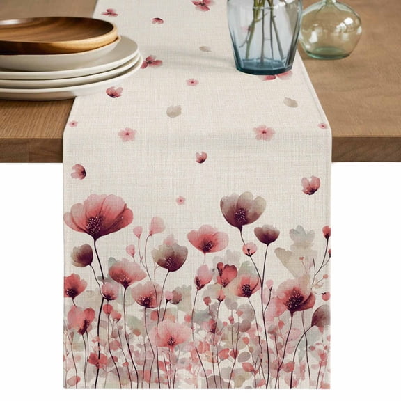 Table Runner 60 Inches Long for Kitchen Dining, Pink Flowers Dresser Scarf Farmhouse, Dining Table Decorations for Wedding/Parties, Spring Watercolor Botanical Floral Beige 13 x 60 In