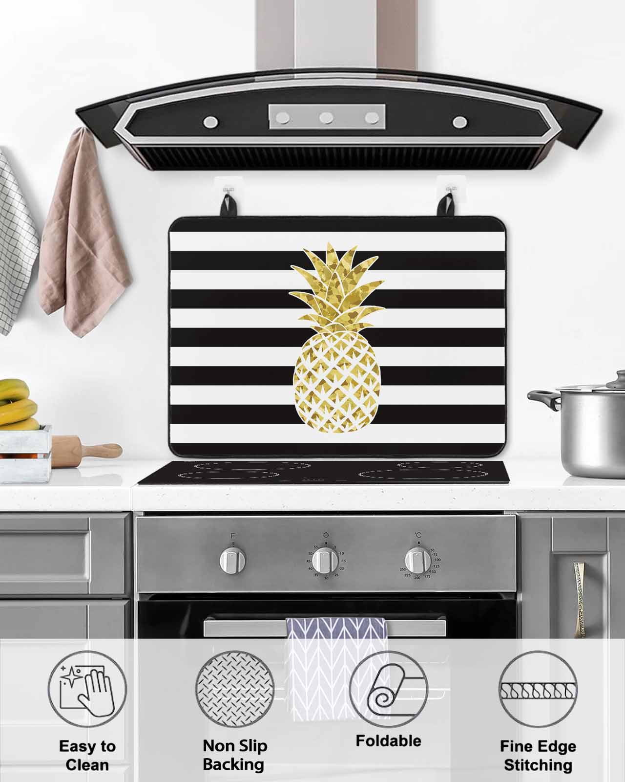 Large Induction Cooktop Protector Mat Pineapple Stove Top Covers for Electric Stove, Modern Abstract Fruits Black White Stripe Decorative Stove Burner Cover Mats, Glass Top Stove Cover