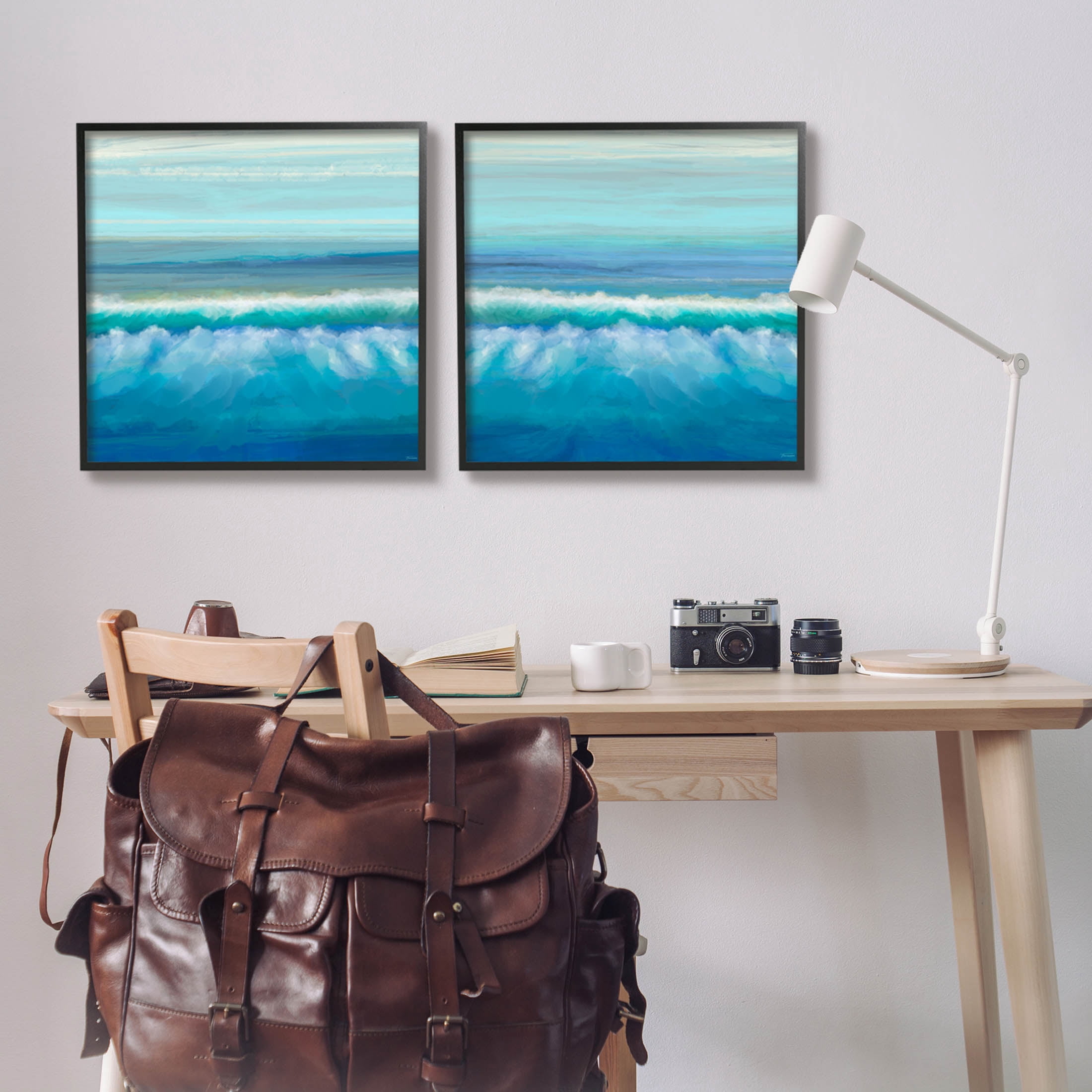 Calming Sea Waves Ocean Foam Coastal Painting Black Framed Art Print Wall Art, Set of 2