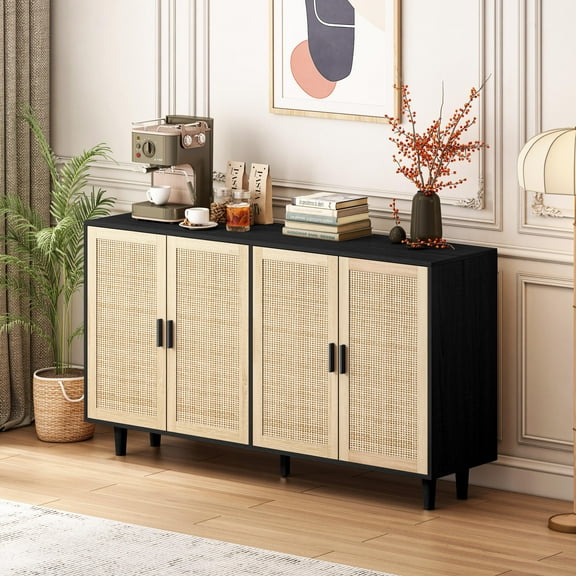 Hassch 62.2" Rattan Buffet Cabinet, Modern Sideboard Storage Accent Cabinet with 4 Doors, Large Credenza Entryway Console Cabinet for Kitchen, Living Room and Dining Room, Black