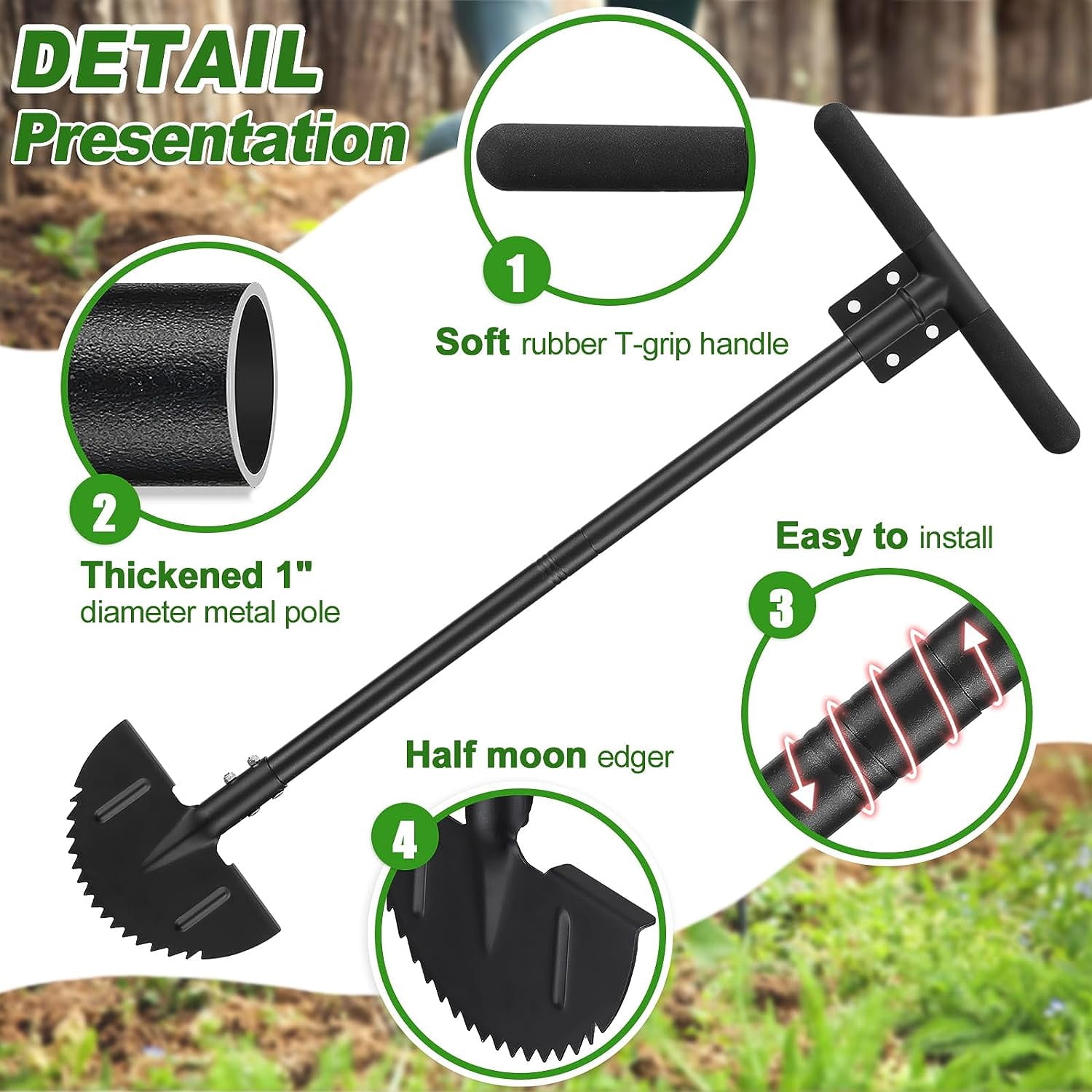 IHOMEPARK Half Moon Lawn Edger, Sharp Saw-Tooth Manuel Lawn Edger Tool with T-Grip Handle for Landscaping, Garden, Sidewalk, Yard
