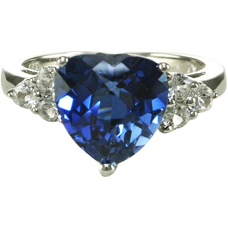 Created Blue Sapphire Heart With Created White Sapphire Accents crafted in Sterling Silver Ring, size 7