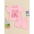 thumbnail image 5 of Aojekbee Kids Girls Shorts Set, Short Sleeve Crew Neck Letters Print T-shirt with Shorts Summer Outfit, 5 of 10