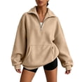 thumbnail image 1 of Sudadera con Cuello Simulado con Cierre para Mujer, Holgada, Cuello Alto, Manga Larga, Suéter Tipo Pulóver con Bolsillos, Estampado Sólido, Sudadera Casual de Otoño sin Capucha, 1 of 8