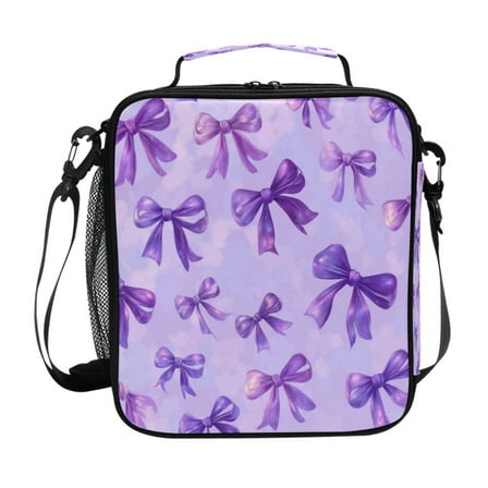 10.5X9.5in Square Insulated Lunch Bag Leak-proof Lunch Box for Outdoor Work Picnic Vibrant Purple Bows Pattern
