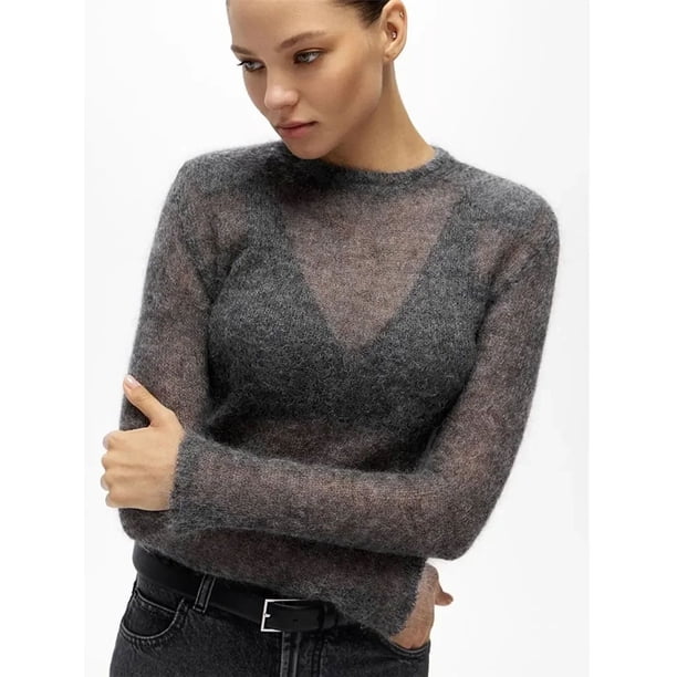Suéter de punto fino con cuello redondo y manga larga para mujer, jersey elegante ajustado, ropa de calle para desplazamientos diarios, otoño 2024