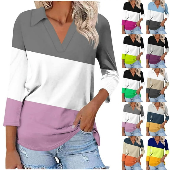 Olyvenn Women's 3/4 Sleeves V Neck Button Collared Shirts 2025 Basic Cute Tunic Tees Dressy Casual Color Block Tops Blouses Work Shirts Green 20-22
