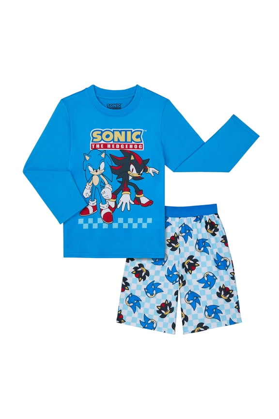 Sonic Boys Long Sleeve Sleep Top and Shorts Pajama Set, 2-Piece, Sizes 4-12