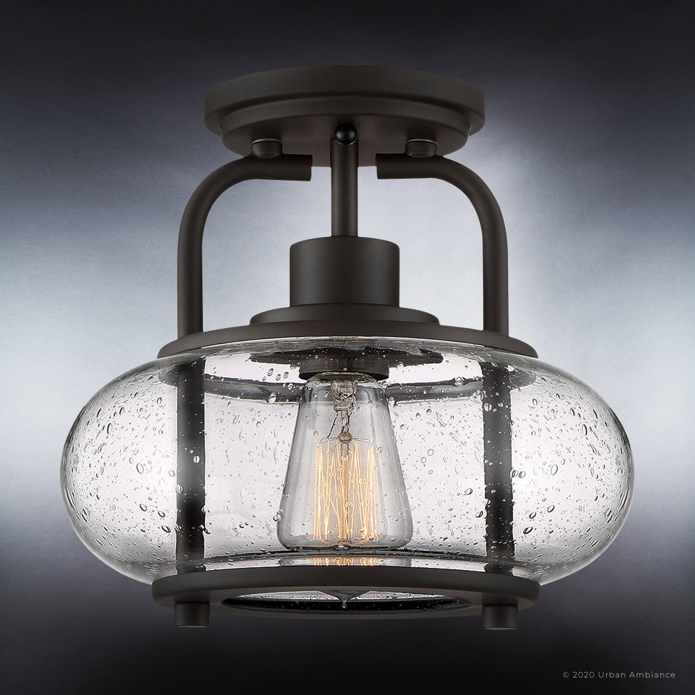 Luxury Utilitarian Indoor Ceiling Light, 9.28''H x 10.00''W, with Coastal Style Elements, Nautical Design, Black Bronze Finish and Clear Seeded Glass, UQL3271