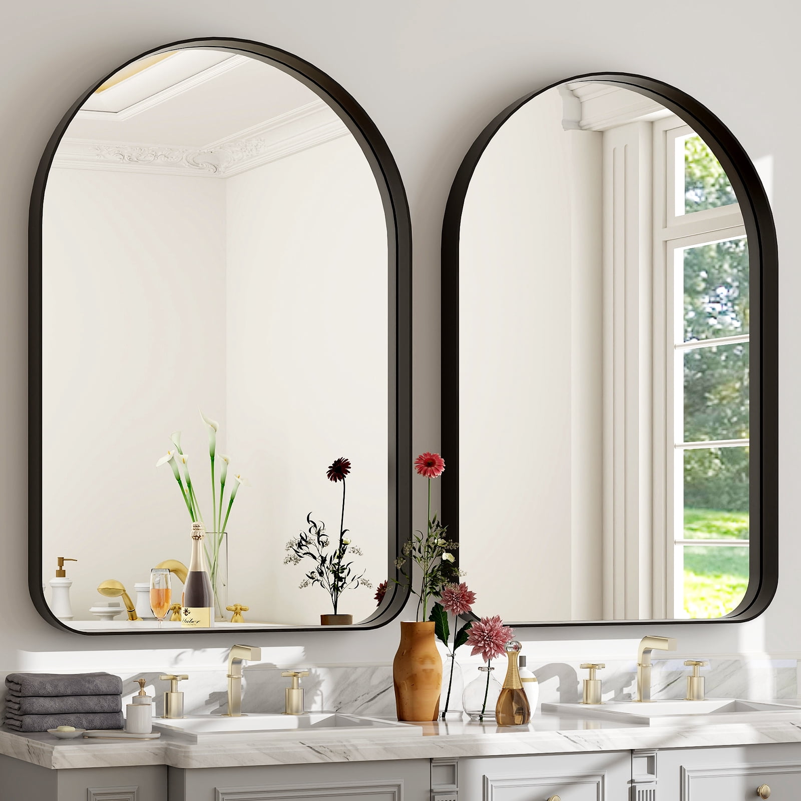 Gleamira 26"x38" Arched Bathroom Mirror Wall-Mounted Mirror with Deep Frame, Black