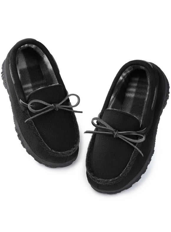 HOMEHOT Slippers for Boys Moccasins Bedroom Shoes with Memory Foam Indoor Outdoor House Slippers for Kids Boys Black Little Kid 13