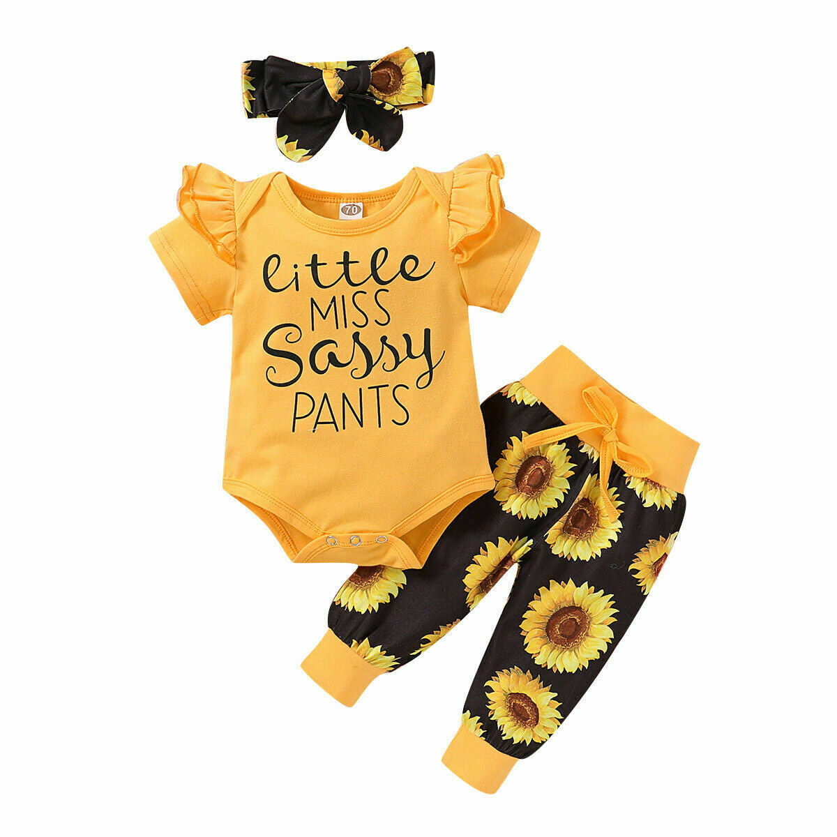 Oksea Infant Toddler Baby Girls Romper Trouser Outfits Letter Print Romper Bodysuit+Sunflower Pants Set