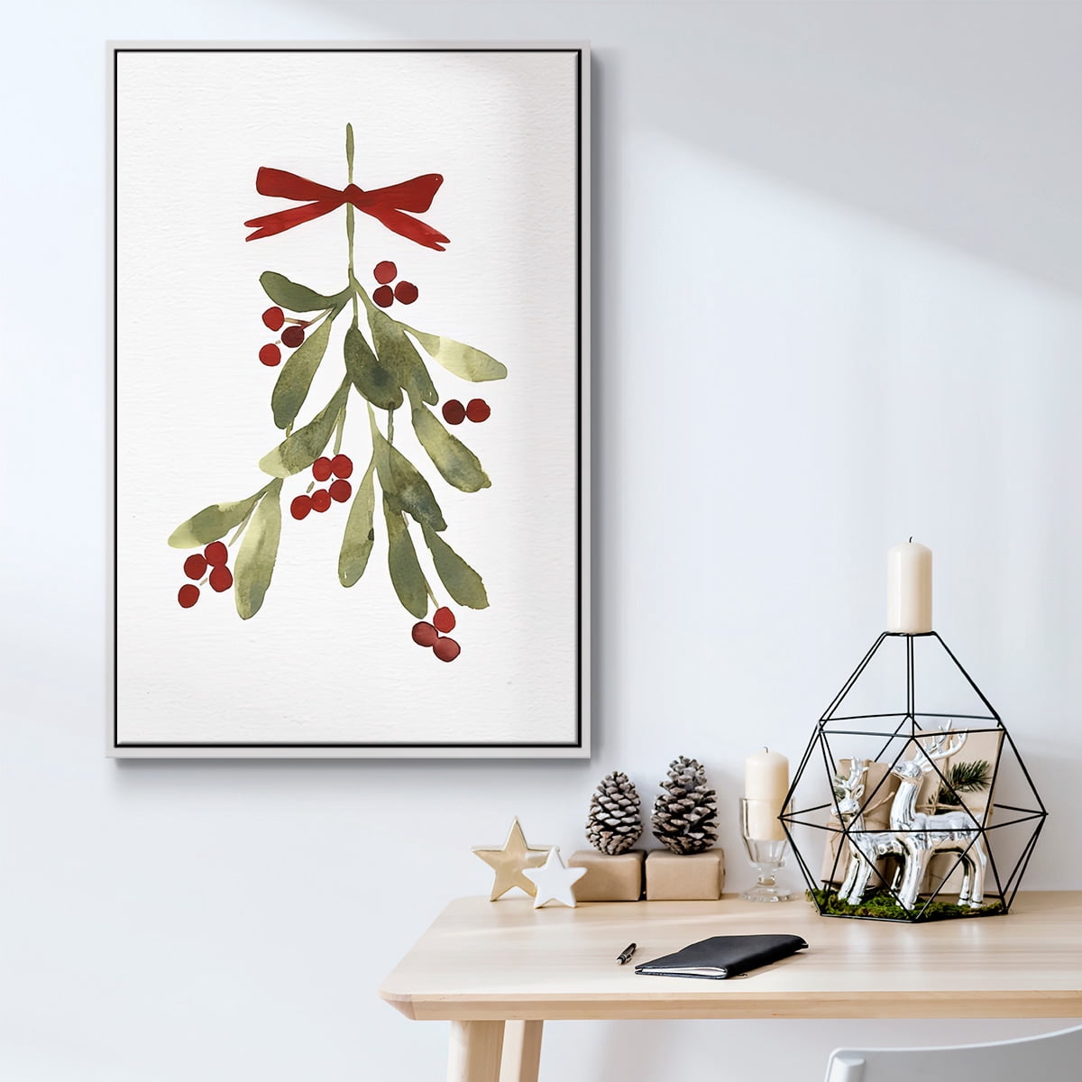 Mistletoe Bow I - Framed Gallery Wrapped Holiday Canvas - 25 x 37 - White Frame